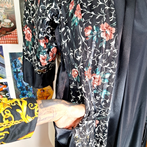 Vintage 80s 90s Floral Maxi Length Robe Womens Medium Stripes Sheer Metallic - Picture 8 of 8